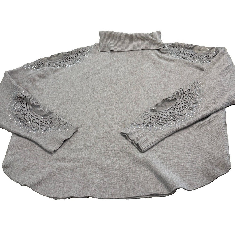 LIV Milano XL Beige Sweater Rhinestone Lace Cutout Shoulders Mock Turtleneck
